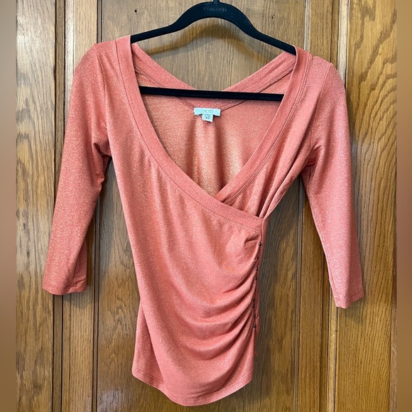 Cache Metallic Copper 3/4 Sleeve Wrap Side Ruche Top Size XS - Picture 1 of 6
